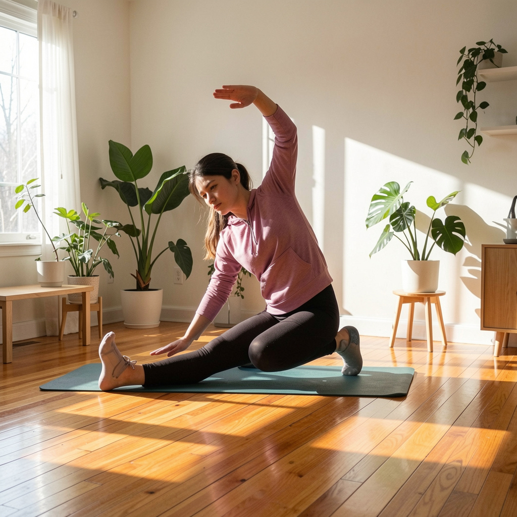 Person practicing morning stretches in a bright room