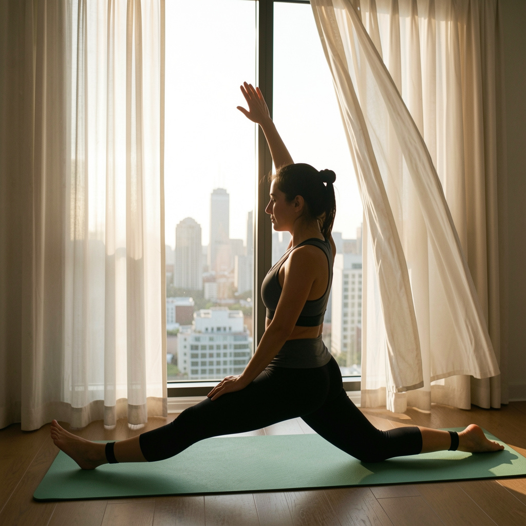 Person doing morning stretches by a window with natural light